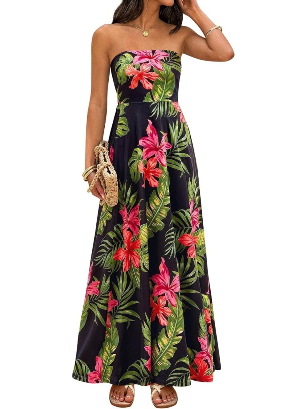 Floral Sleeveless Maxi Dress for Women - Tube Top Flowy Long Dress for Summer